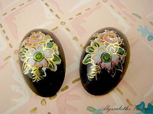 Vintage Floral Rose Decal Cabochon Black Oval 29x18mm (2)