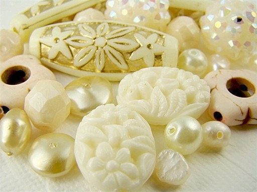 Shabby Chic Ivory, White, Gold Bead Pearl Etched Flower Mix (24)