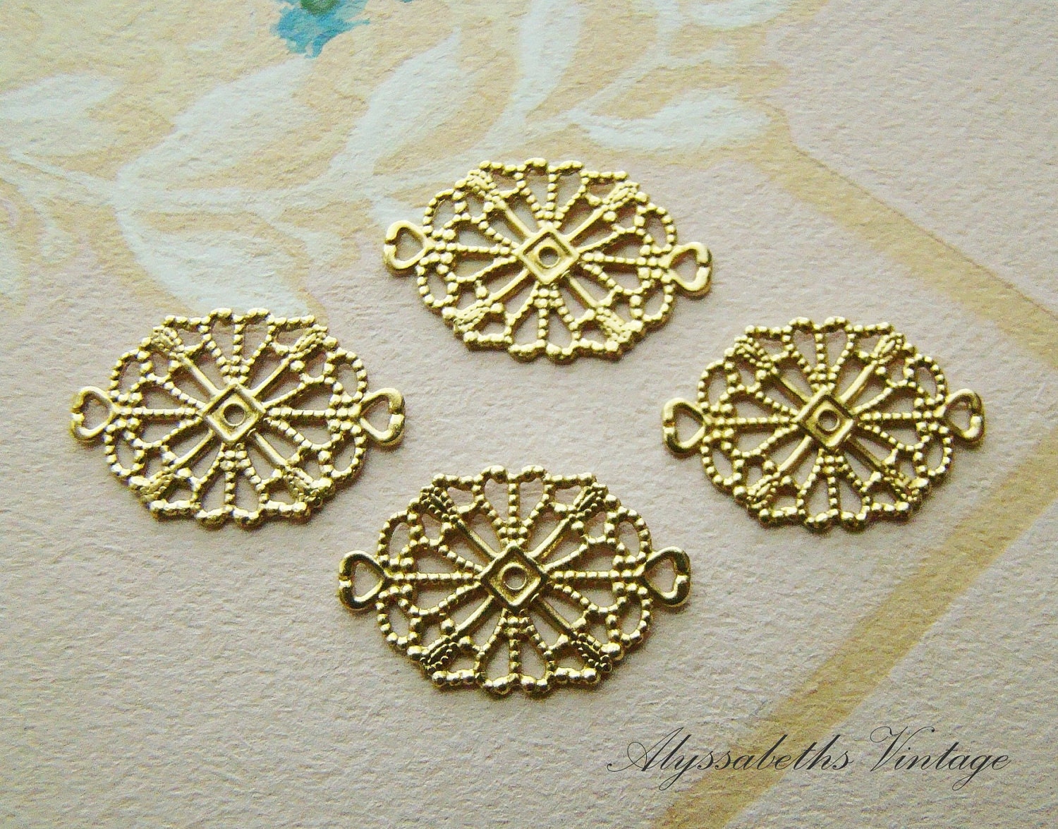 Art Deco Style Rectangle Brass Filigree Connectors Settings (6) 19mm x 12mm