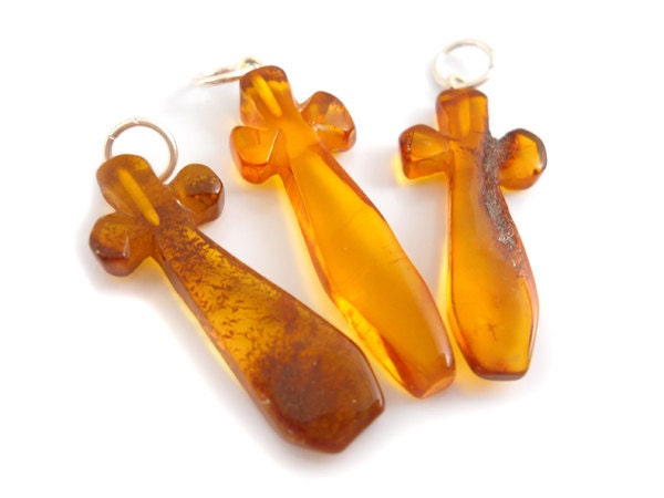 Natural Baltic Amber CROSS - Cognac - choose your favorite - 2 pcs available - SIZE  L - SLIM