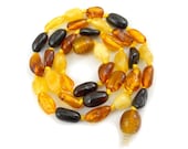 Baltic Amber Baby Teething Necklace. 3 color olive beads - butter - cognac - cherry