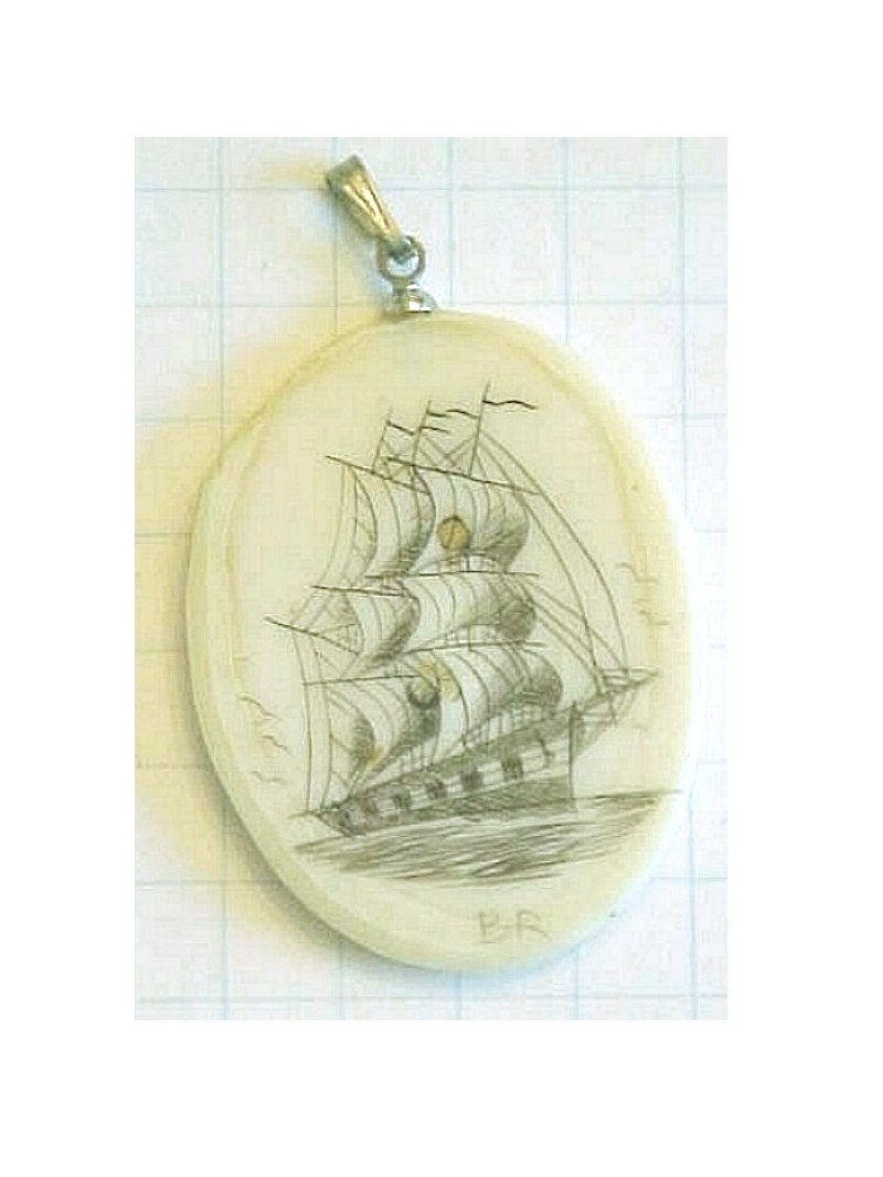 Fossil Walrus Tusk Scrimshaw Pendant of Ship - Artist signed B R