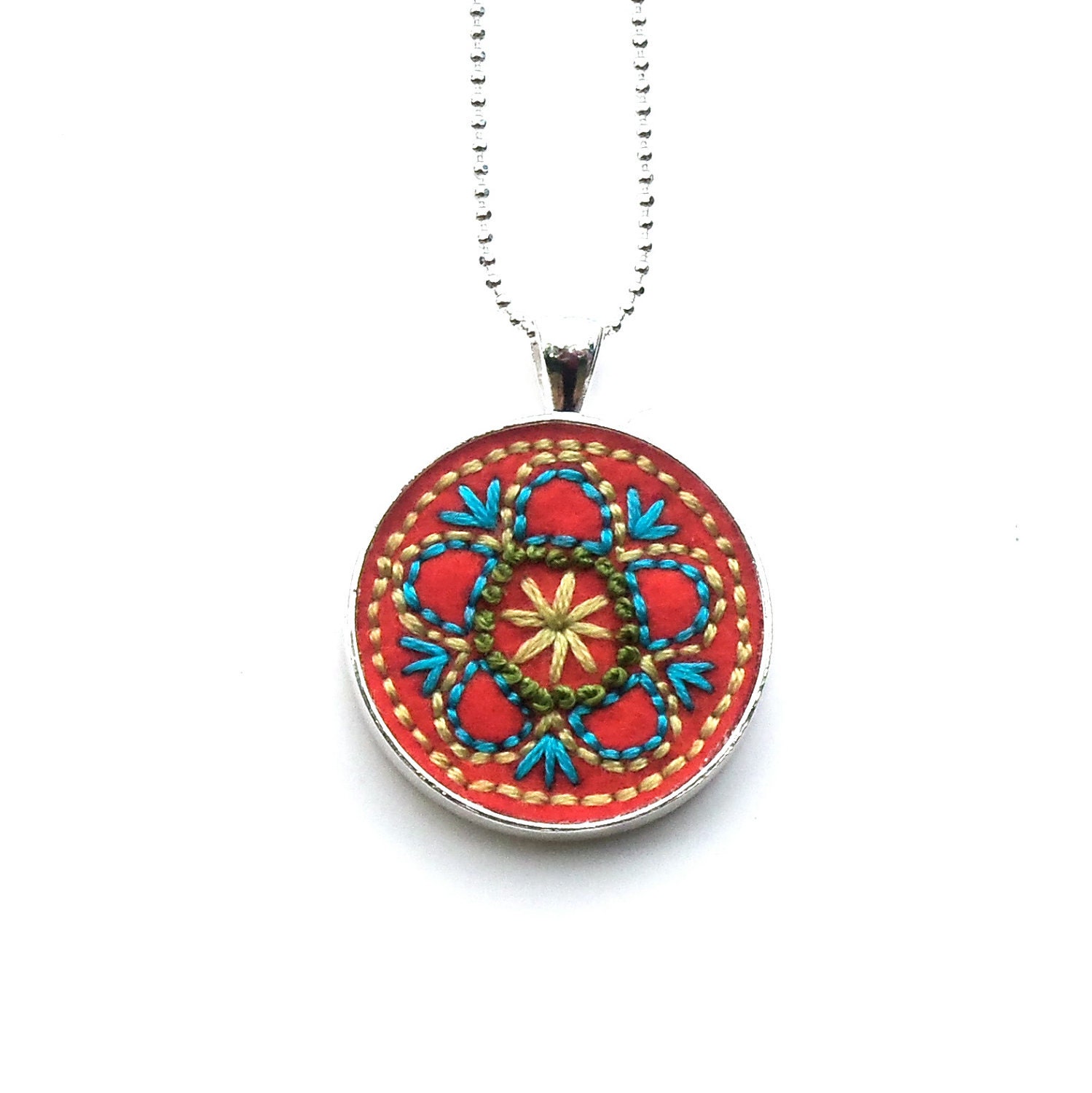 Flower vintage inspired hand embroidered pendant, Tangerine with Blue and Greens - atinyforest