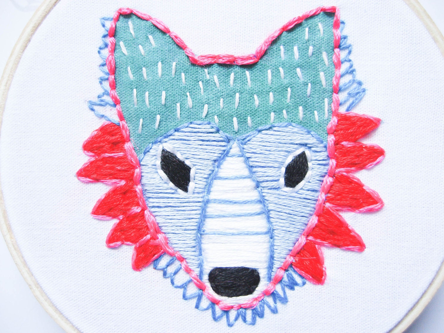 Bright Neon Fox Hand Embroidery Hoop Art : Lotus Flower Fox (with MountRoyalMint) - Woodland Embroidered Home Decor