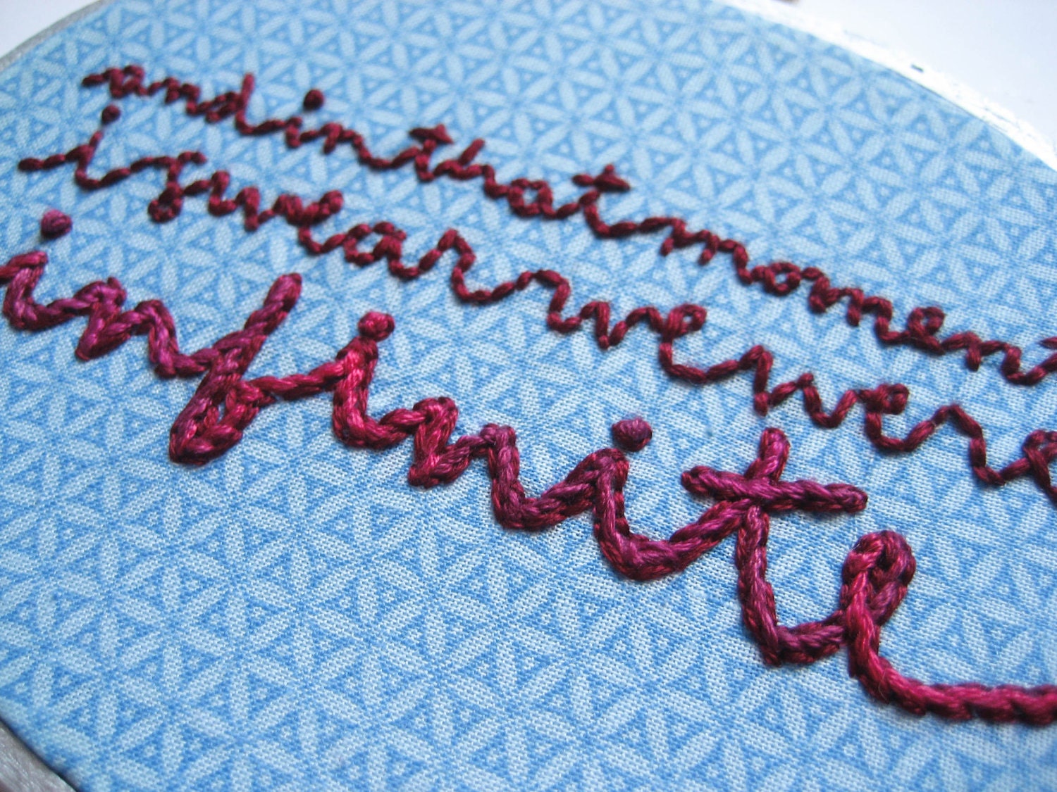 Literary Embroidery Hoop - Vintage Blue Fabric Home Decor / And in That Moment I Swear We Were Infinite (with sparrownestscript)