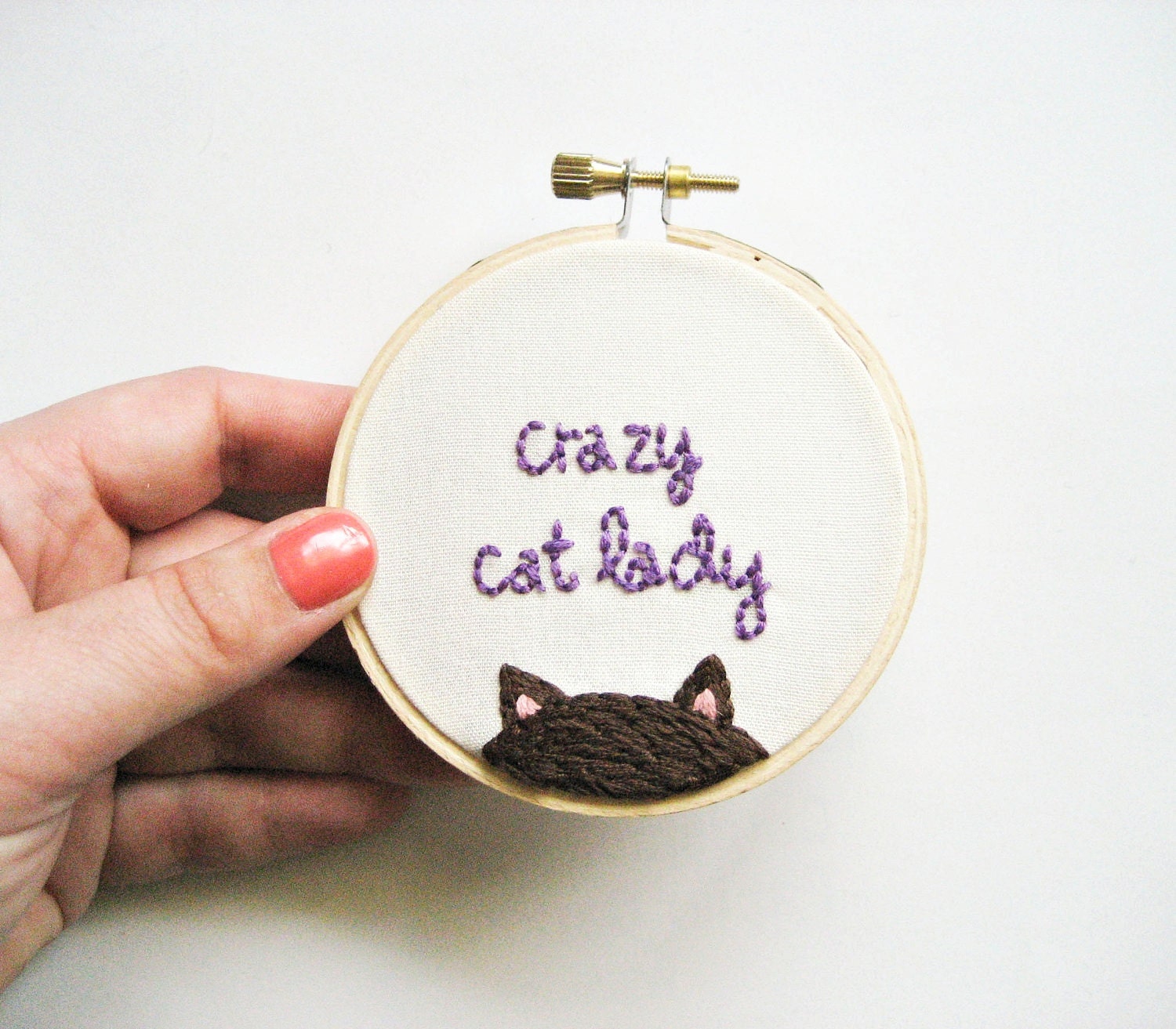 Crazy Cat Lady Embroidery Hoop - Fun Cute Brown Kitty Animal Lover Home Decor or Christmas Holiday Ornament