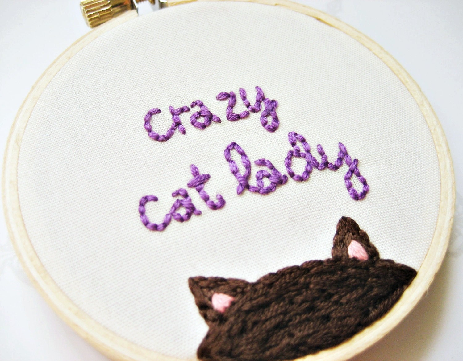 Crazy Cat Lady Embroidery Hoop - Fun Cute Brown Kitty Animal Lover Home Decor or Christmas Holiday Ornament