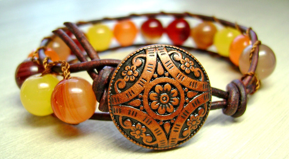 Bracelet Leather Wrap Carnelian Gemstone Beaded Carved Flower Button FREE SHIPPING
