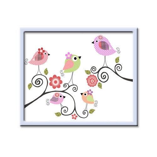 Baby Nursery Decor Art For Children Kids Wall Art Baby Girl Room Decor Baby Girl Nursery 8" x 10" Print birds green violet rose artwork