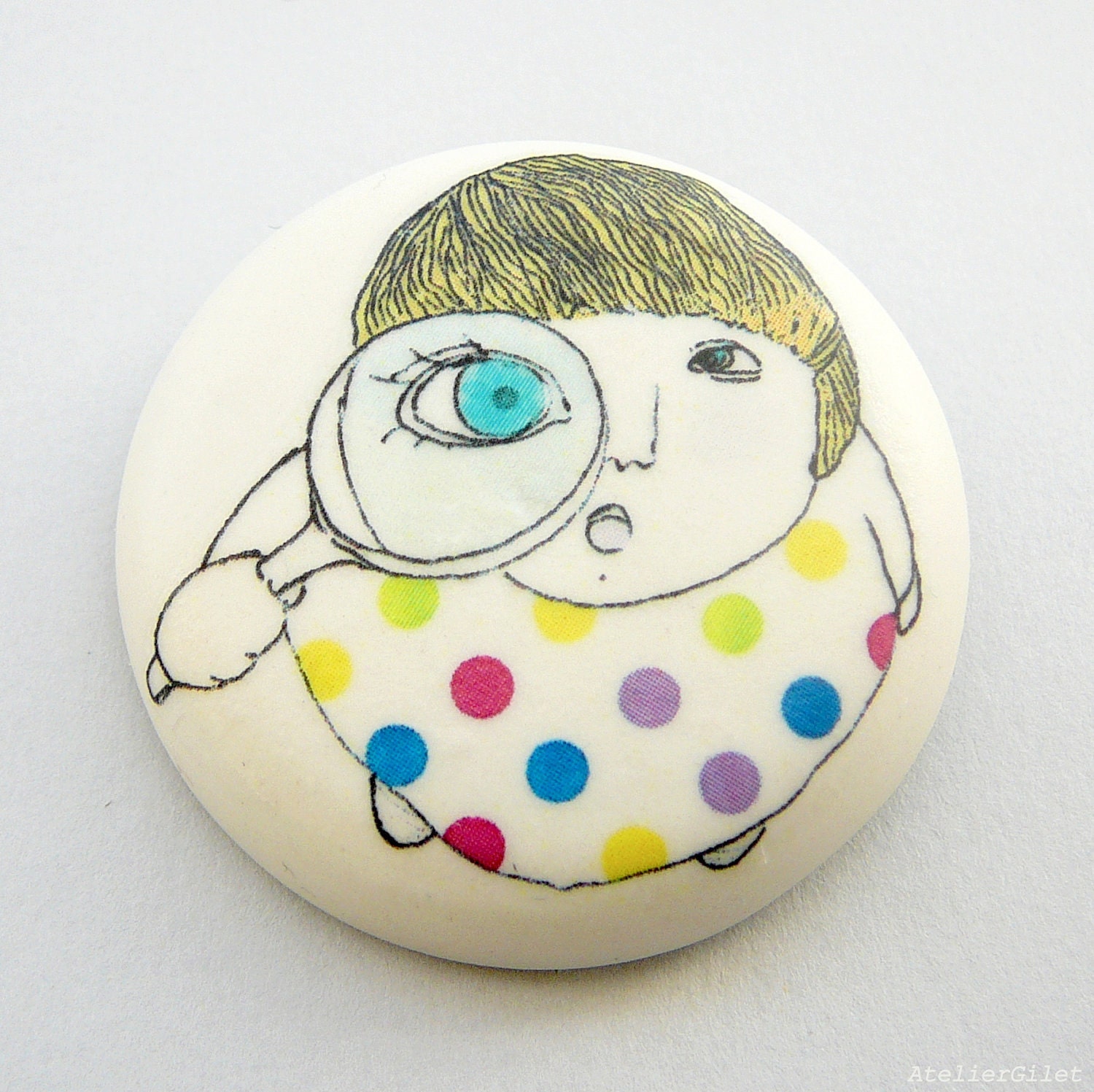 Magnifying glass brooch illustrated porcelain by AtelierGilet - the magnifying glass in polka dots - LARGE