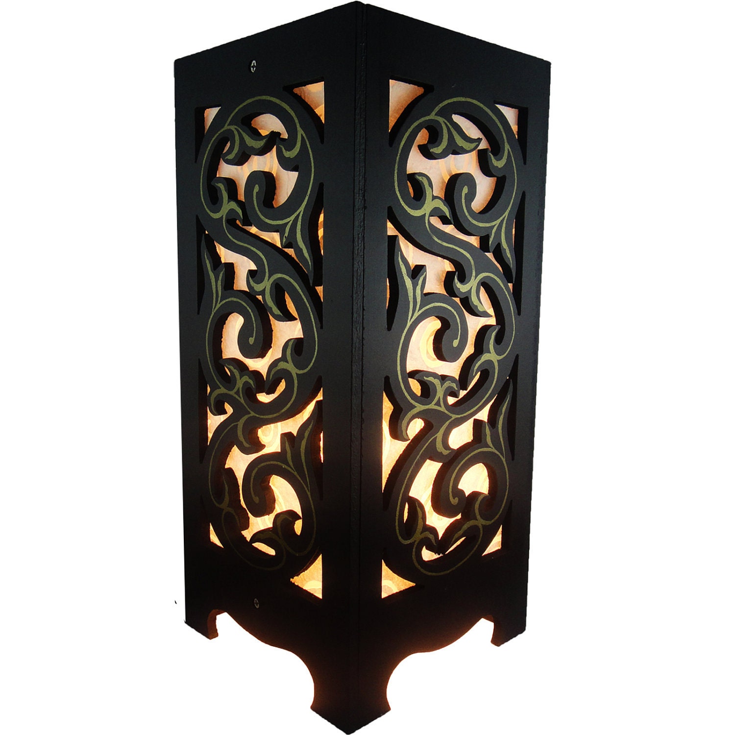 13.5'' Tall Asian Oriental White Lai Thai Art Wood Carving Table Lamp or Bedside Wood Paper Light Shades Furniture Home Decor