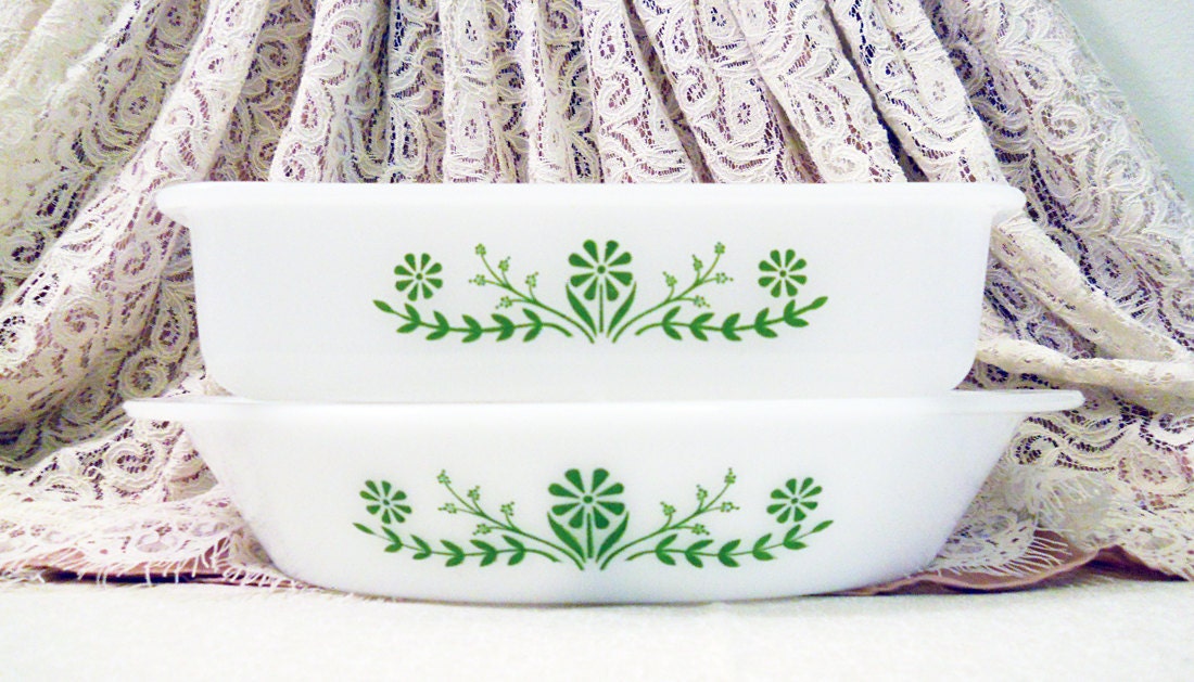 Glasbake Green Flower Motif Divided Casserole Dish and Square Casserole Dish
