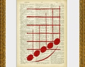 FIVE RED NOTES recycled book page art print - an upcycled antique dictionary page with a vintage music symbol illustration -  wall art