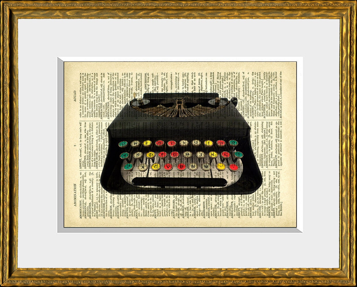 BLACK TYPEWRITER recycled book page art print - an upcycled antique dictionary page with a vintage typewriter photo - home decor