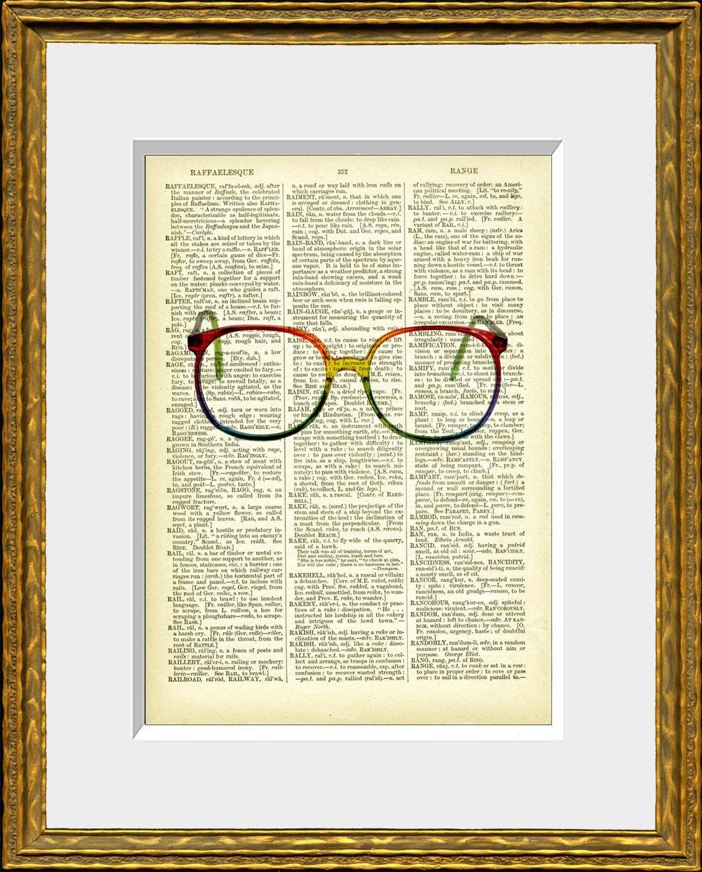 RAINBOW GLASSES recycled book page art print - an upcycled antique dictionary page with a retooled vintage glasses photograph - home decor