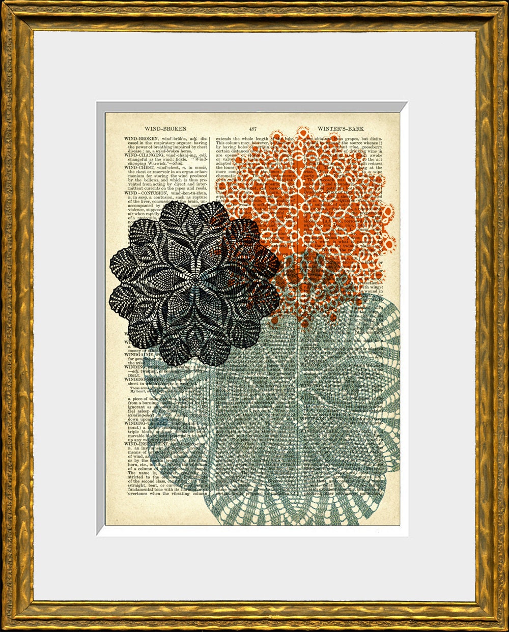 DOILY LOVE 01 recycled book page art print - antique 1800's dictionary page with an original graphic design - home decor - vintage charm