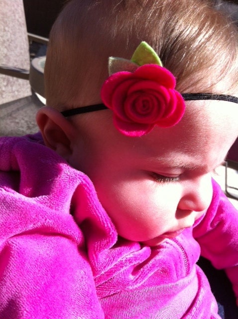 Fuschia pink wool felt rose baby headband