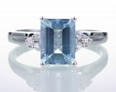 Classic and Traditional 18 Karat White Gold Emerald Cut Aquamarine Engagement Wedding Ring