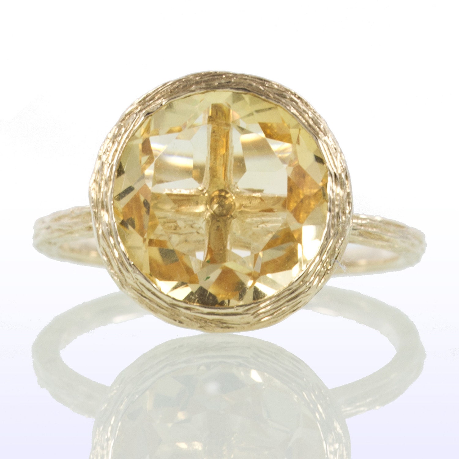 Twig Wood Grain Design Bezel Set Yellow Citrine Gold Solitaire Engagement Canary Wedding Ring