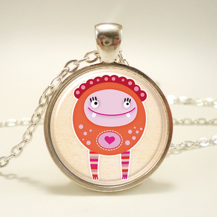 Love Monster Necklace, Cute Kawaii Kids Jewelry, Great Valentines Day Gift, Silver Plate (0490S1IN)