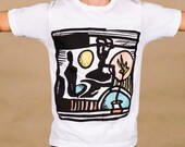 Organic cotton T-shirt -  handprinted and painted - "postcard" print