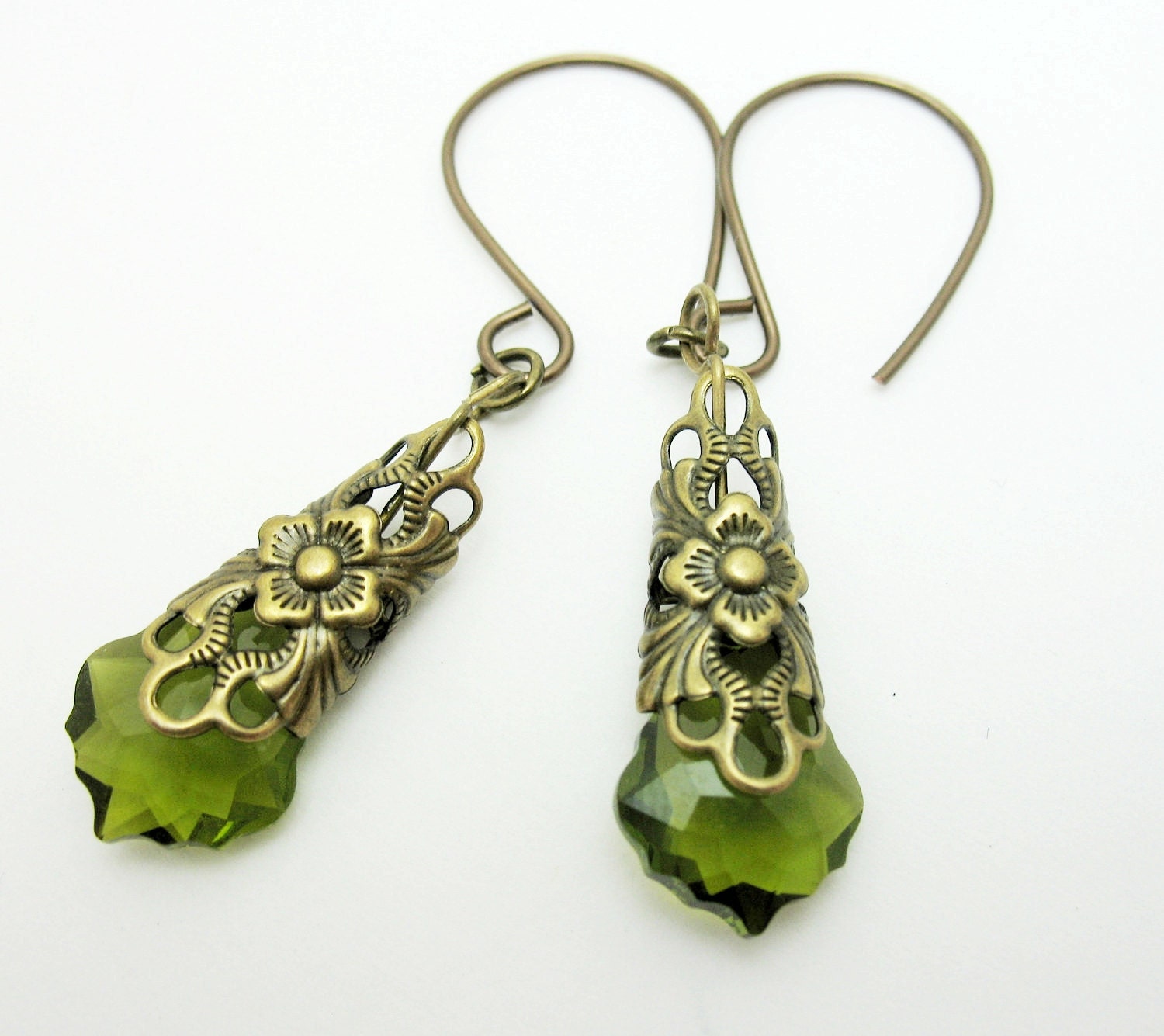 Antique Gold Filagree and Olivine Baroque Swarovski earrings on Antique bronze wire