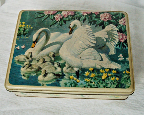 1957 vintage English biscuit tin swans and cygnets