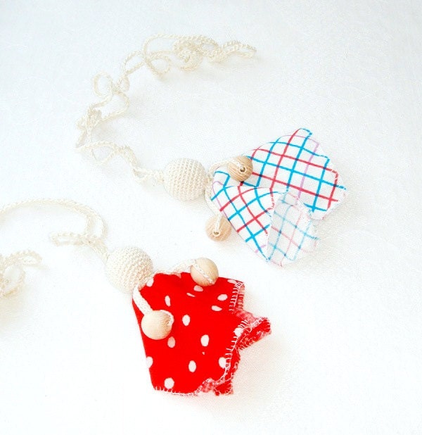 Fabric nursing necklace Cotton doll  Nursing pendant Red white polka dot
