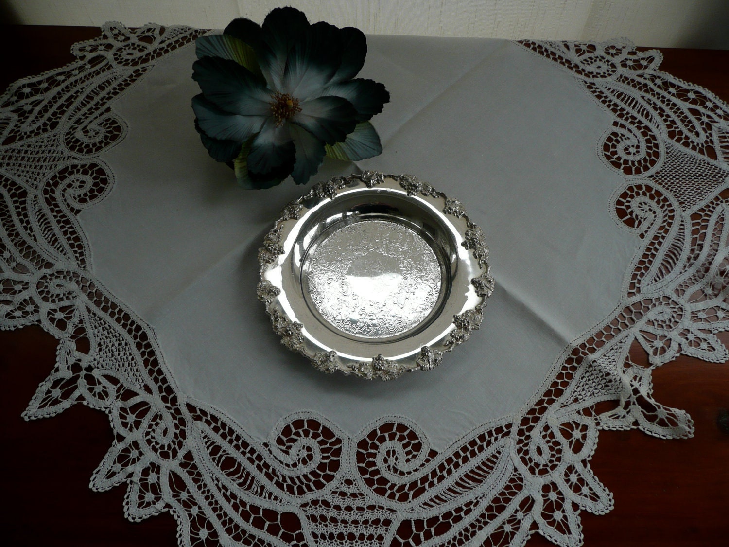 Silver Tray - Silver Plate Wine Coaster - Silver Card Holder Dish - Silver Serving Tray - Silver Dresser Display  Dish