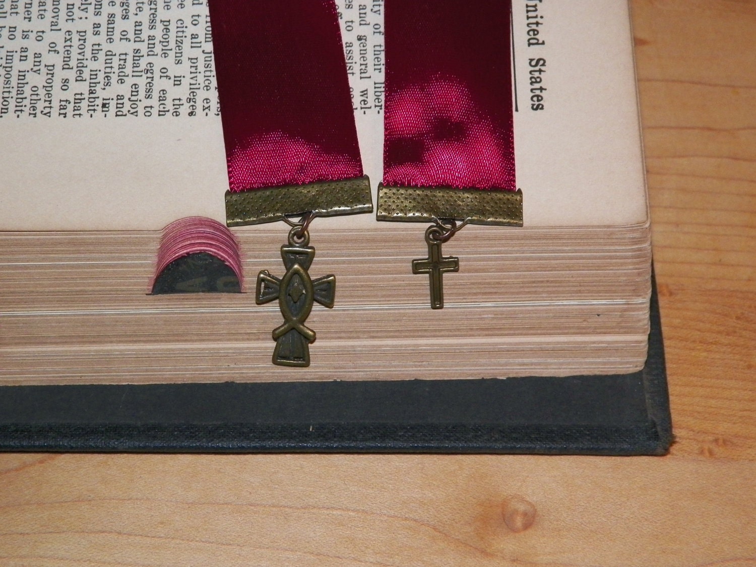 Red Ribbon Bookmark with Two Crosses