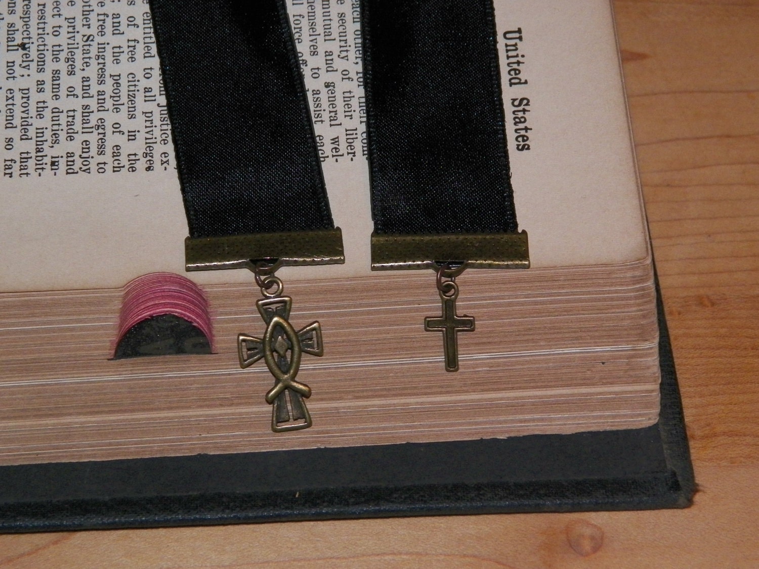 Black Ribbon Bookmark with Two Crosses