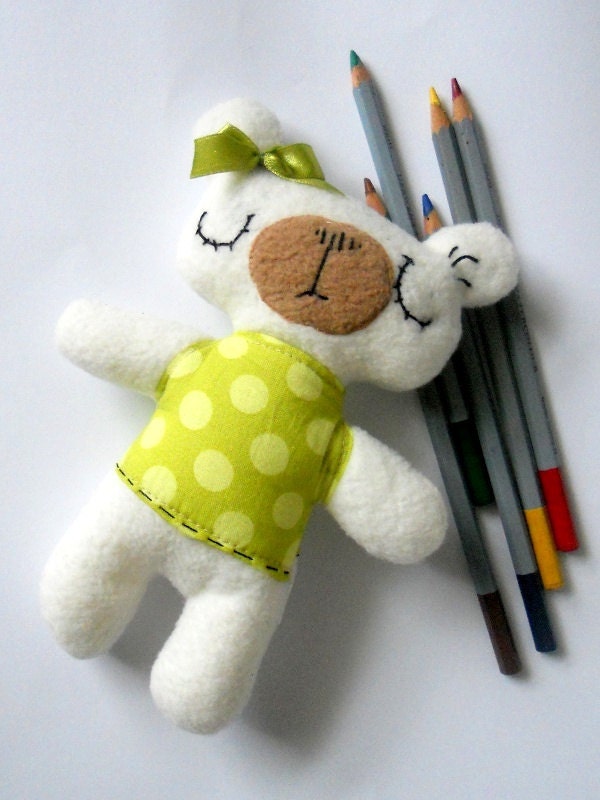 Stuffed HandmadeTeddy Bear  Plushie Safe Soft Softie Toddler  BabyToy for Children Cotton Polar Fleece White Green dots - baraqada