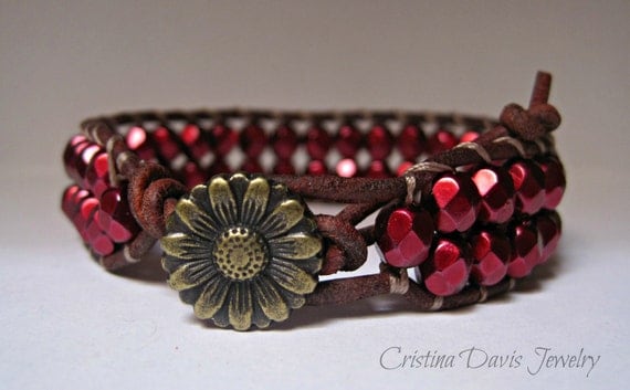 Leather Wrap Bracelet, Beaded crimson sparkle, ruby red, boho chic, single wrap