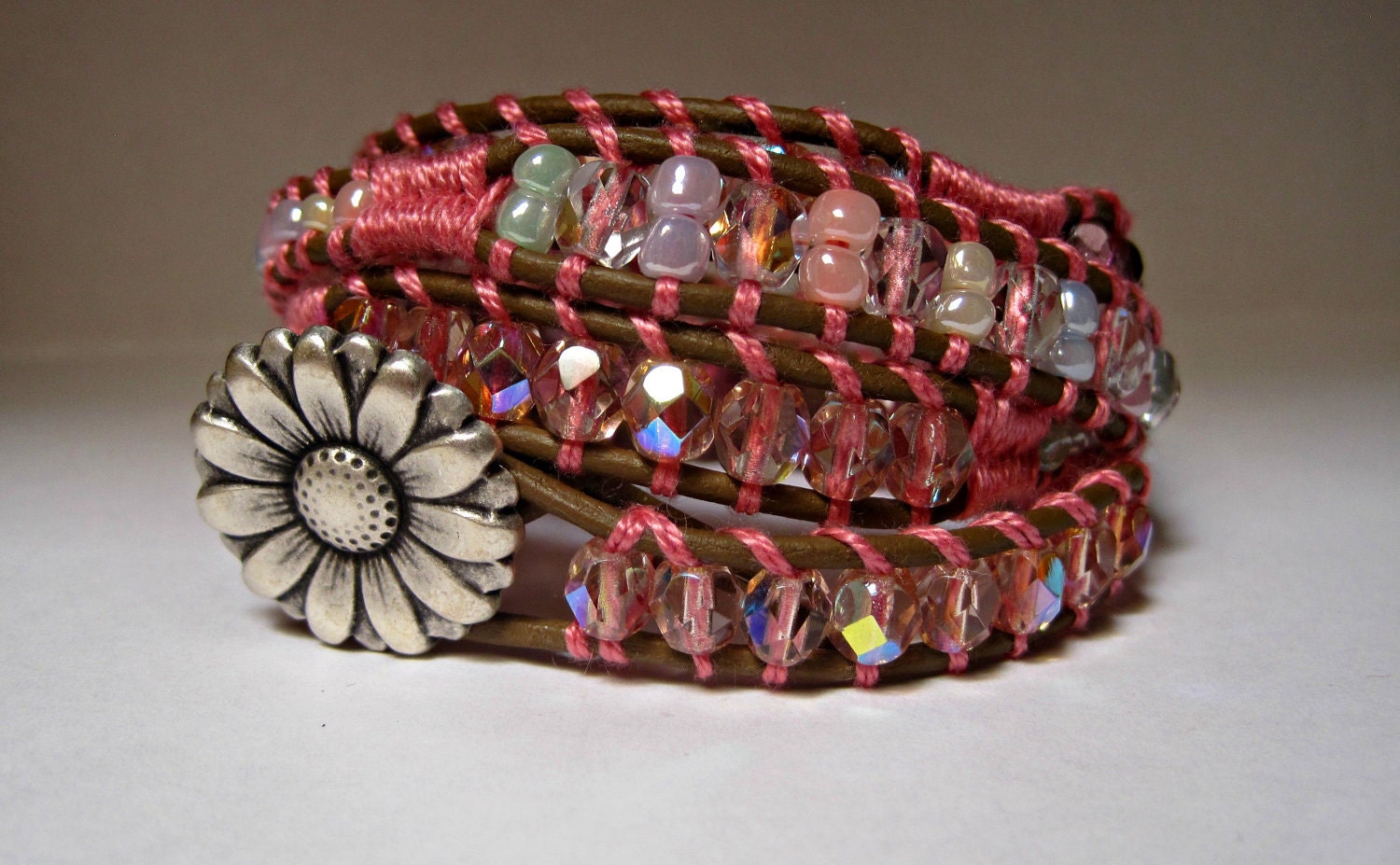 Leather Wrap Bracelet, Love at first sight, Pink Beaded, Boho Chic,