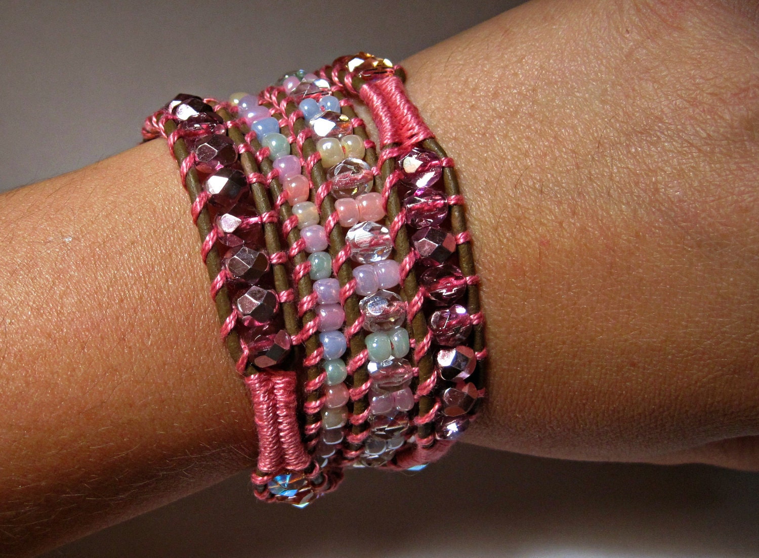 Leather Wrap Bracelet, Love at first sight, Pink Beaded, Boho Chic,