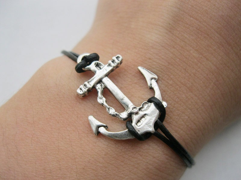 Bracelet-antique silver anchor bracelet,anchor real leather bracelet