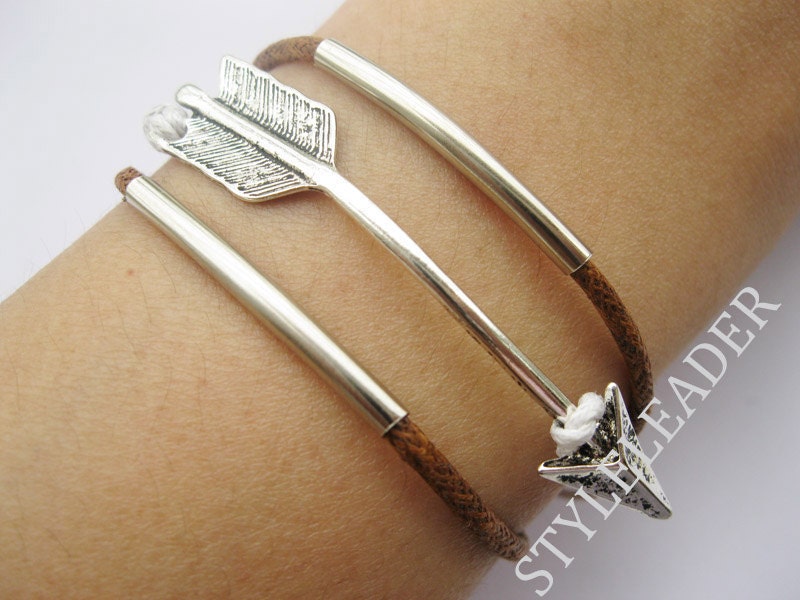 Bracelet-antique silver arrow bracelet,arrow brown wax cords Bracelet,wax cords bracelet