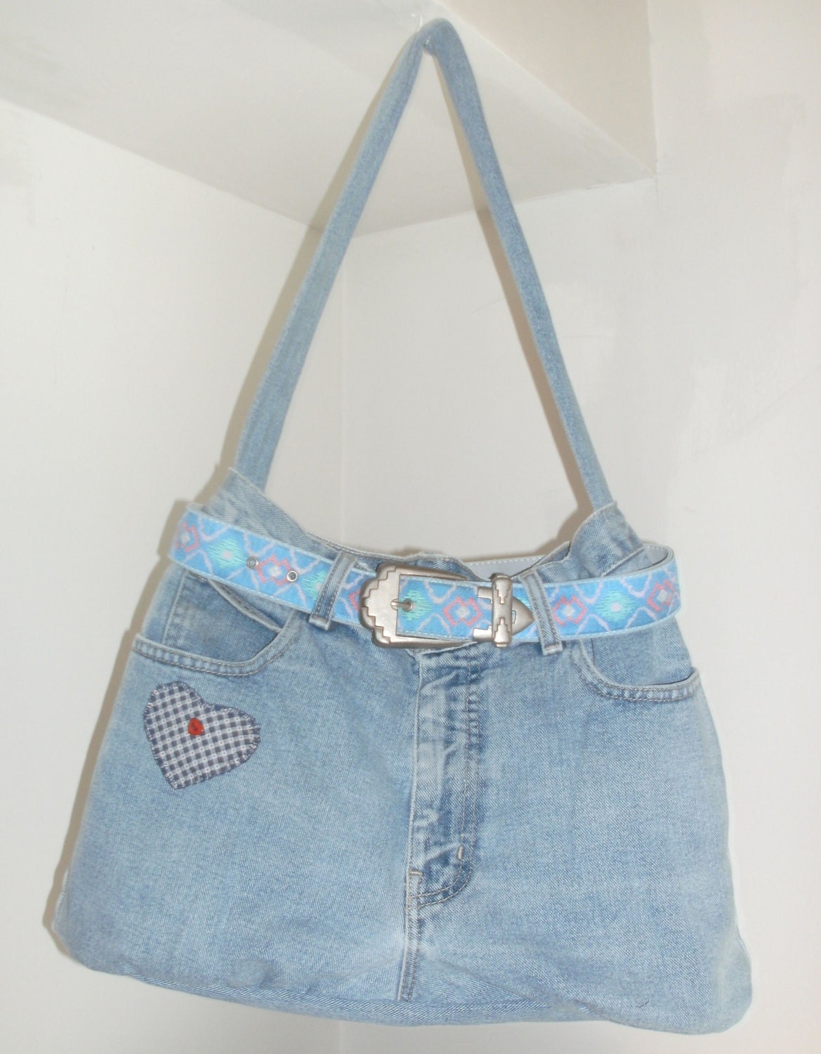 SALE Ready to Ship Upcycled Denim Blue Jeans Purse Diaper Bag lined, with applique & belt