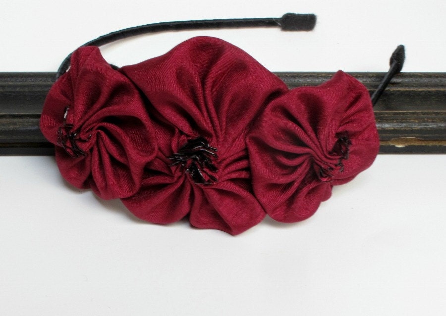 Adult Headband - Rosette Headband, Cranberry Red Shantung Silk Trio Rosette Headband For Women ans Girls