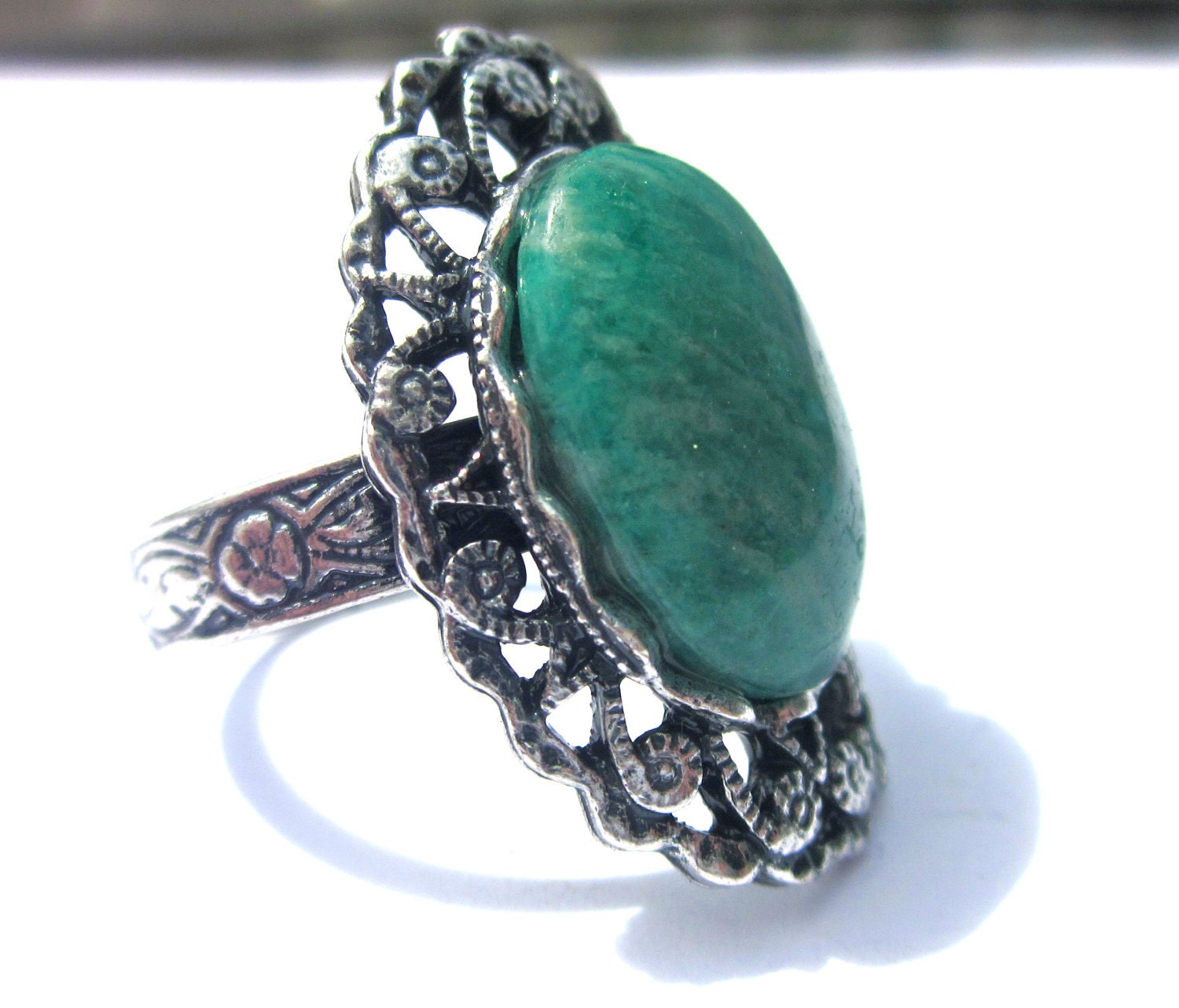 Victorian Ring- Russian Amazonite Gemstone, teal green, antiqued silver plated adjustable. Sparklefor a cause- St. Jude's