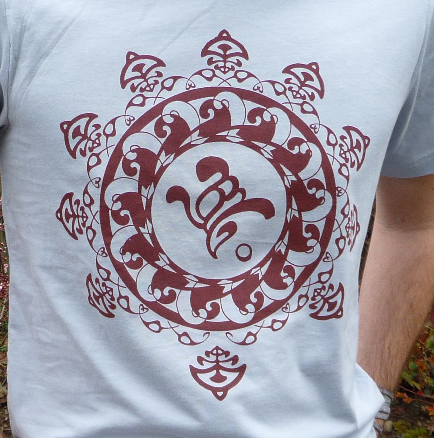 SALE - Art Nouveau Om Mandala Screen Printed in Rust on Light Blue Unisex 100% Cotton Tshirt