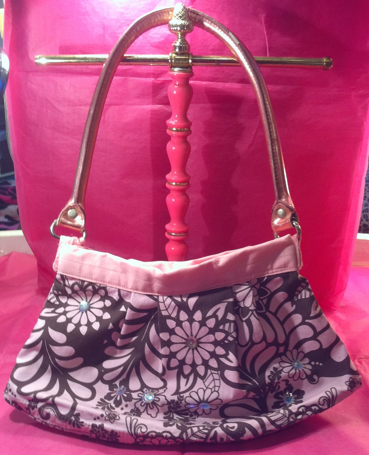 PInk & Brown Flower print Purse handmade from recycled materials cotton medium size