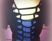 BLACK HOODIE AMS Sweatshirt Hoodie Black Cut Up Weave Design Large Upcycled Hoodie