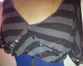 Studded Stripes Greenish Gray Shirt Cut off top shirt Upcycled Cut short Sleeves Silver Studs V neck Cut Distressed Studs Sz. S