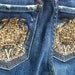 Cut up Jeans Blue Denim Cut Up Distressed Destroyed Thread Frayed Cut down the sides Gold Thread Crowns Size 24