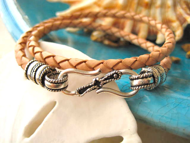 Natural Braided Leather Double Wrap Bracelet with Rope Design S Hook Silver Clasp "FREE SHIPPING"
