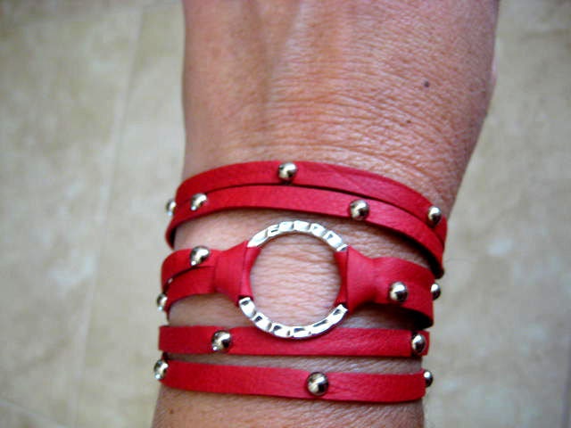 Boho Chic Good Luck Silver Circle Hammered Triple Wrap Red Leather Bracelet with Silver Accents...."FREE SHIPPING"
