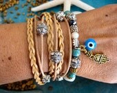 Boho Chic Endless Leather Wrap Beaded Hamsa Evil Eye Bracelet with Gold, Silver Accents...."FREE SHIPPING"
