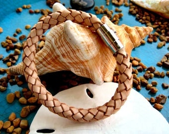 Thick Natural Braided Leather Bracelet with Magnetic Silver Clasp "FREE SHIPPING"