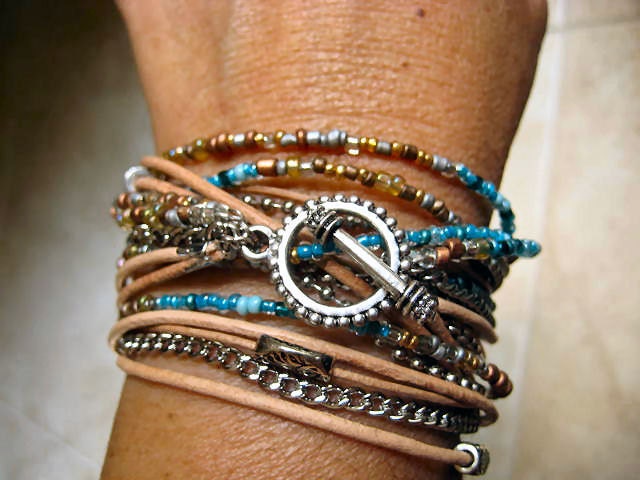Boho Chic Endless Leather and Chain Wrap Beaded Bracelet...Palm Beach Edition...."FREE SHIPPING"